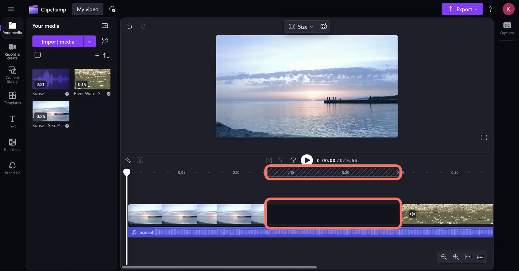 A ferramenta de remoção de lacunas identificando uma lacuna na linha do tempo do editor de vídeo Clipchamp.