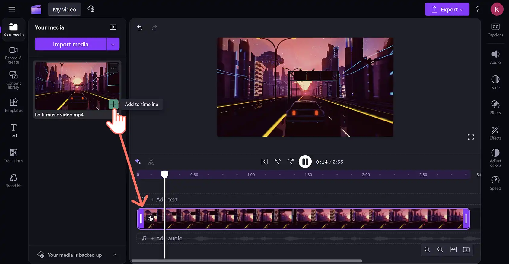 A user adding a music video to the timeline in Clipchamp video editor.