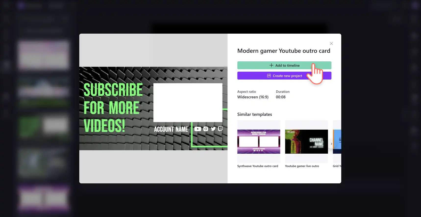 Eine Person die sich die Vorschau einer YouTube-Videovorlage in Clipchamp anschaut