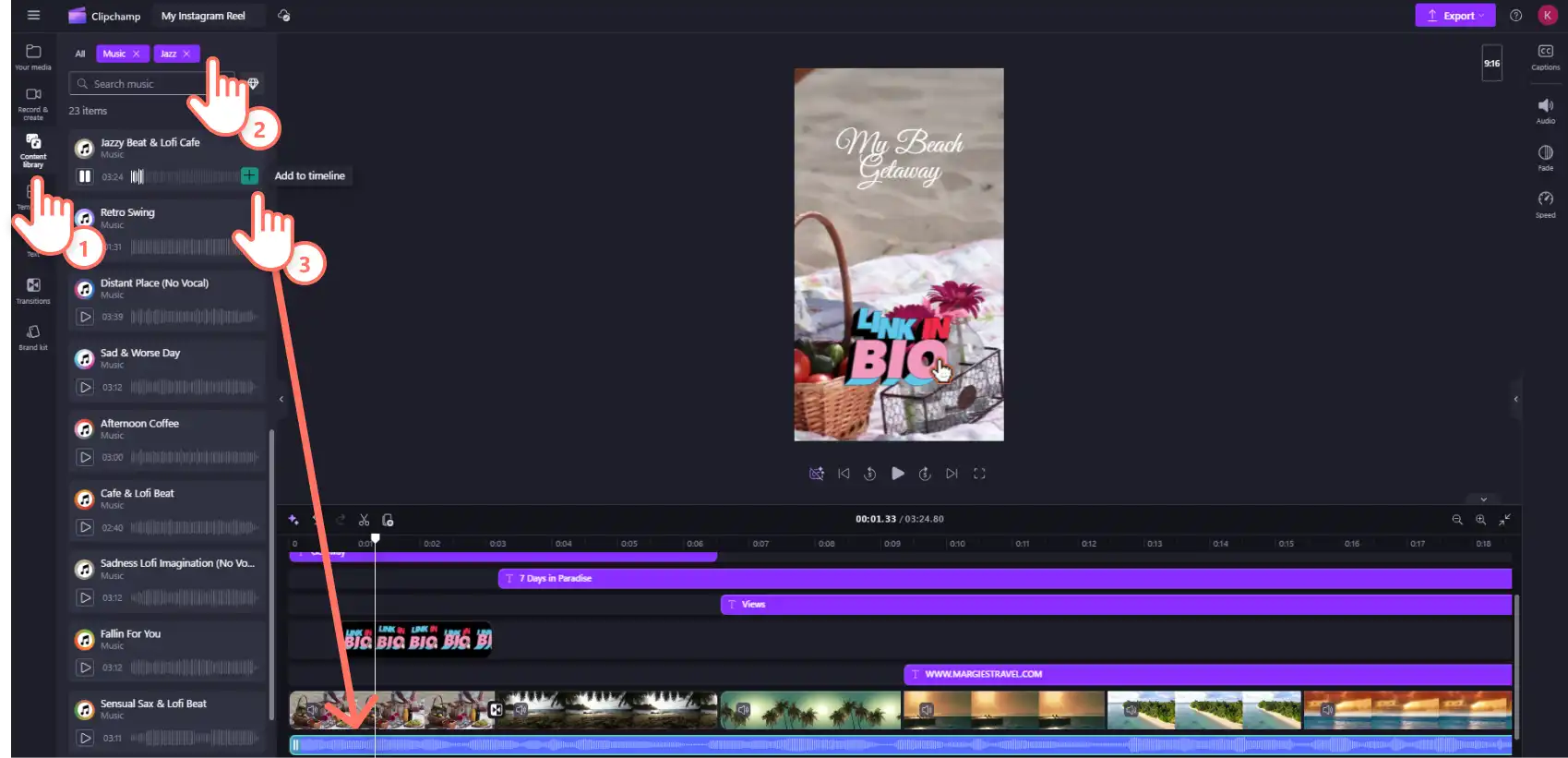 Một người dùng Clipchamp đang thêm nhạc vào video Instagram Reel của mình.