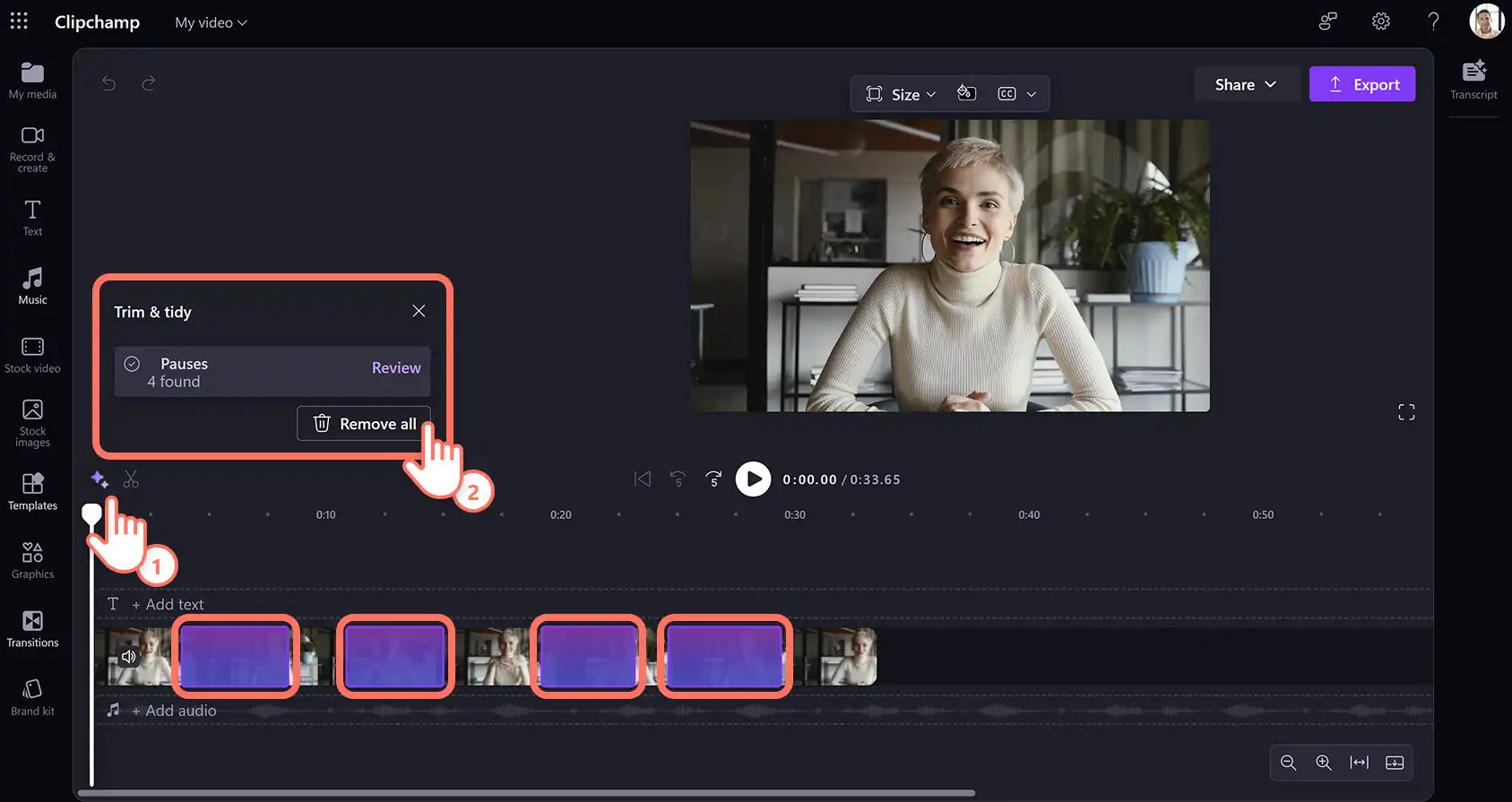 En bruger fjerner stilhed i en video med kundeudtalelser i Clipchamp til arbejde.