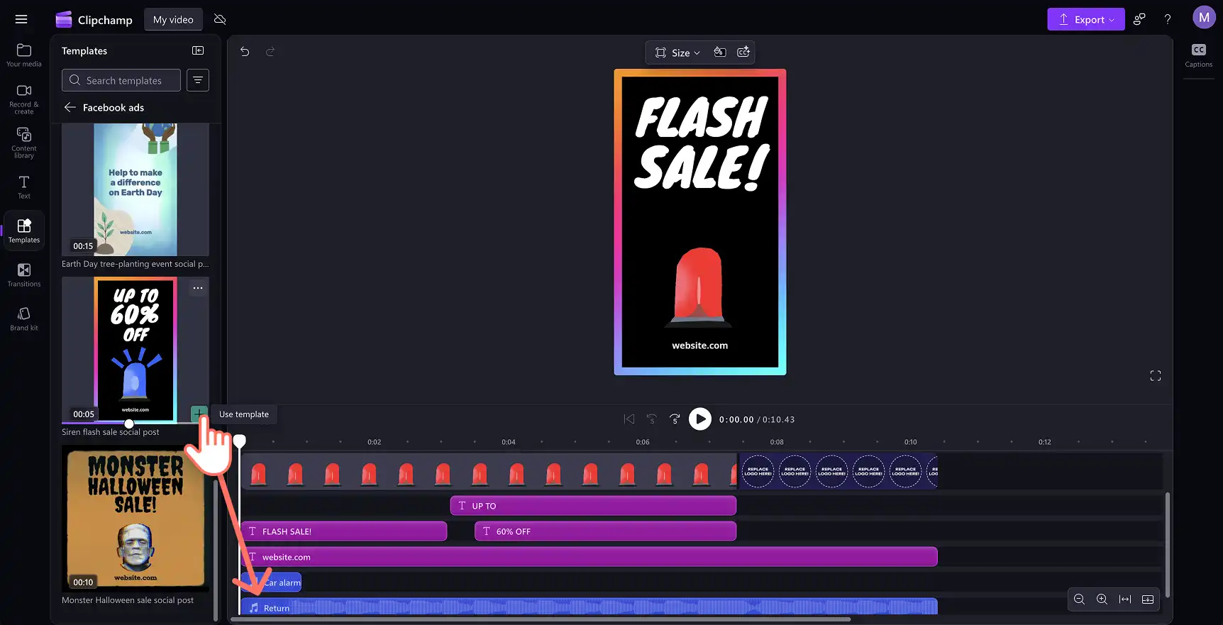 A user adding a template to the editing timeline in Clipchamp.