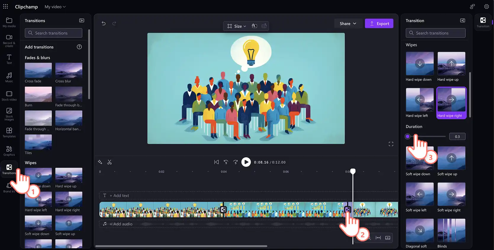 Un utilisateur ajoutant des transitions animées à une vidéo dans Clipchamp pour le travail