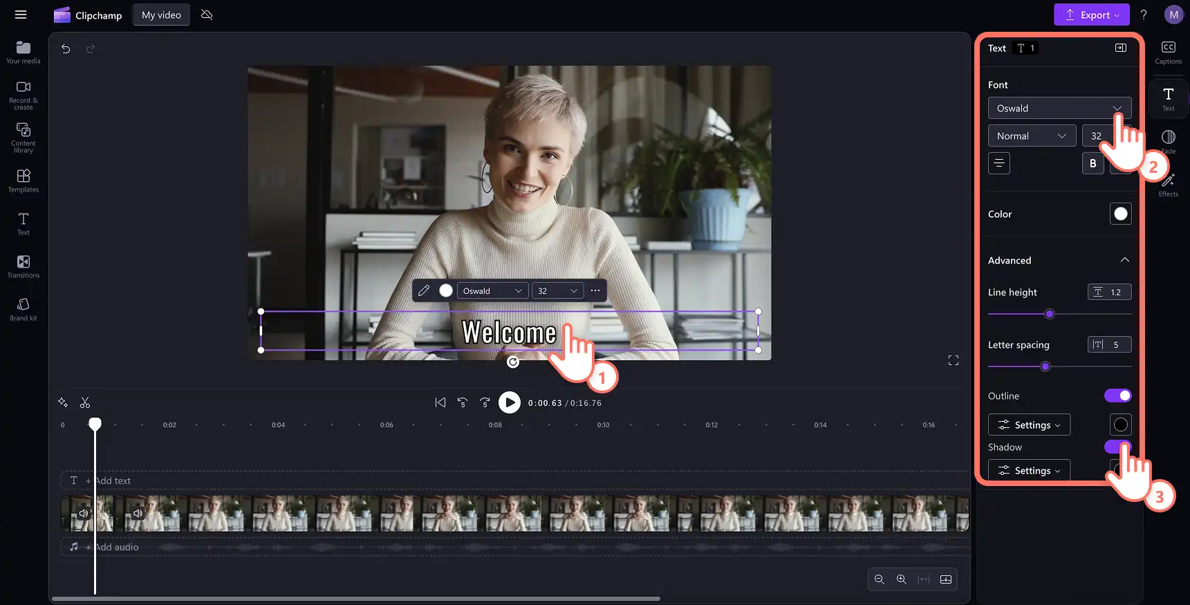 ผู้ใช้ที่แก้ไขแบบอักษรและสีของคำบรรยายใน Clipchamp
