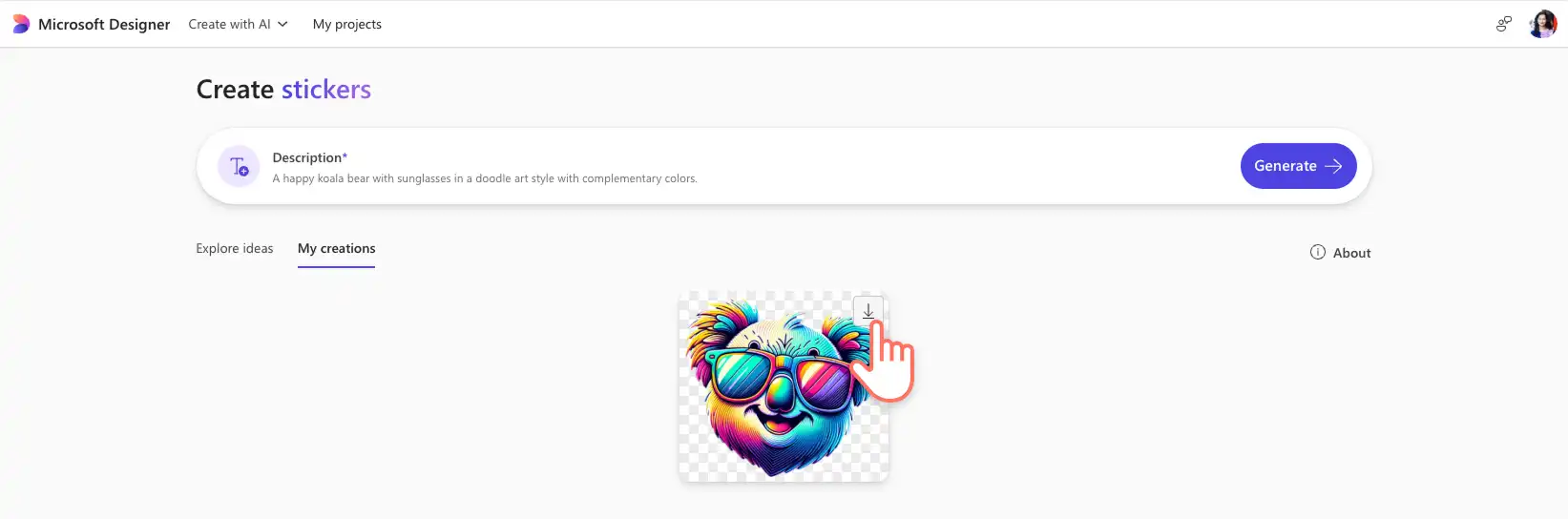 Pengguna menyimpan stiker yang dibuat dengan AI di Microsoft Designer