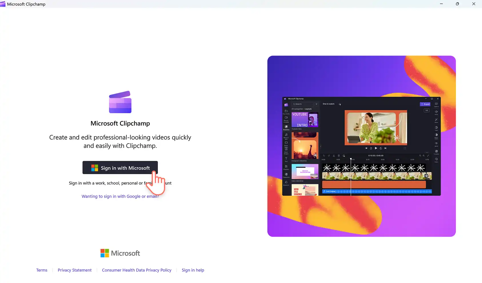 Gambar pengguna yang masuk ke Clipchamp.