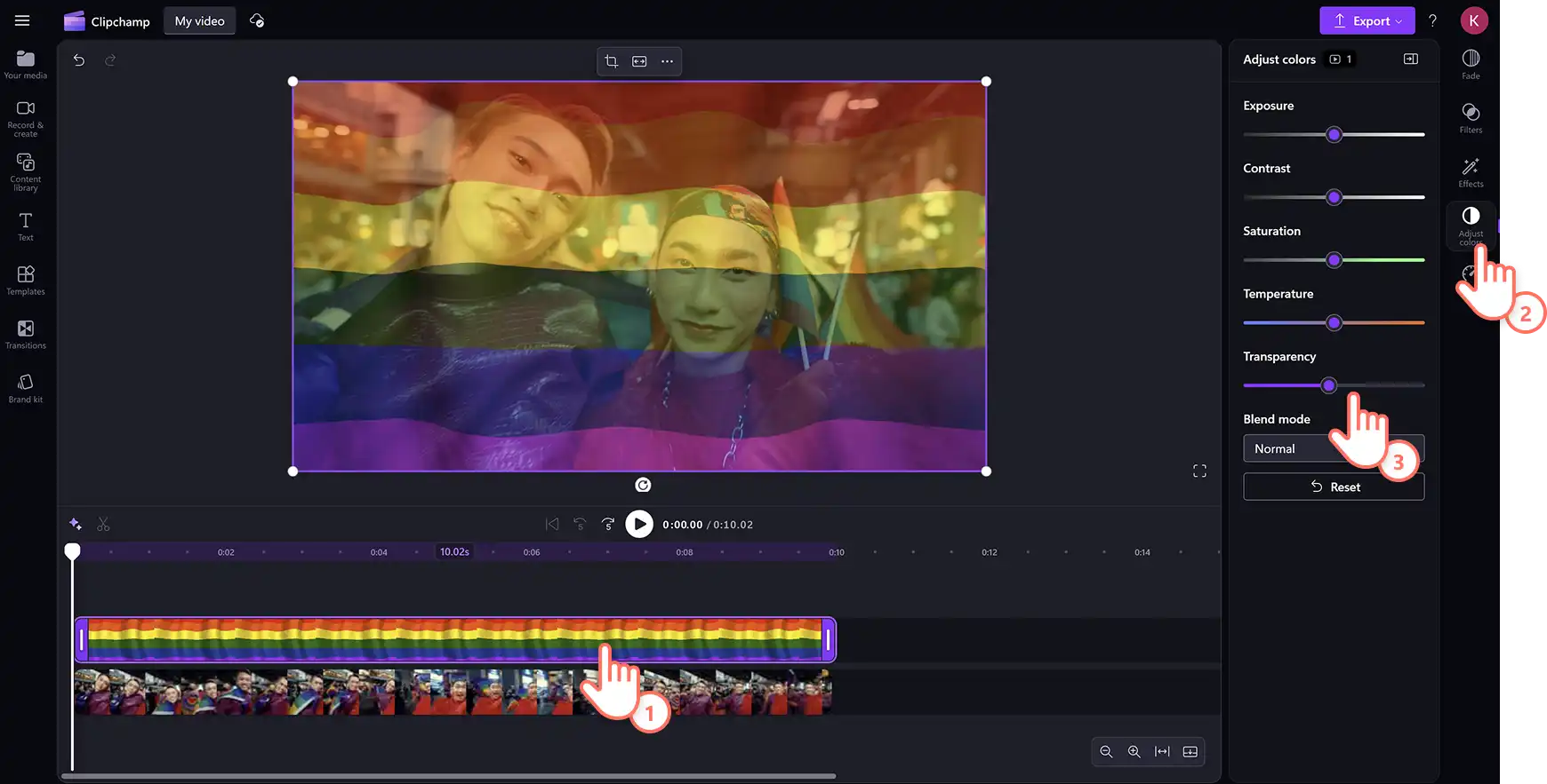 Відео з накладеним прапором місяця прайду в редакторі Clipchamp. 