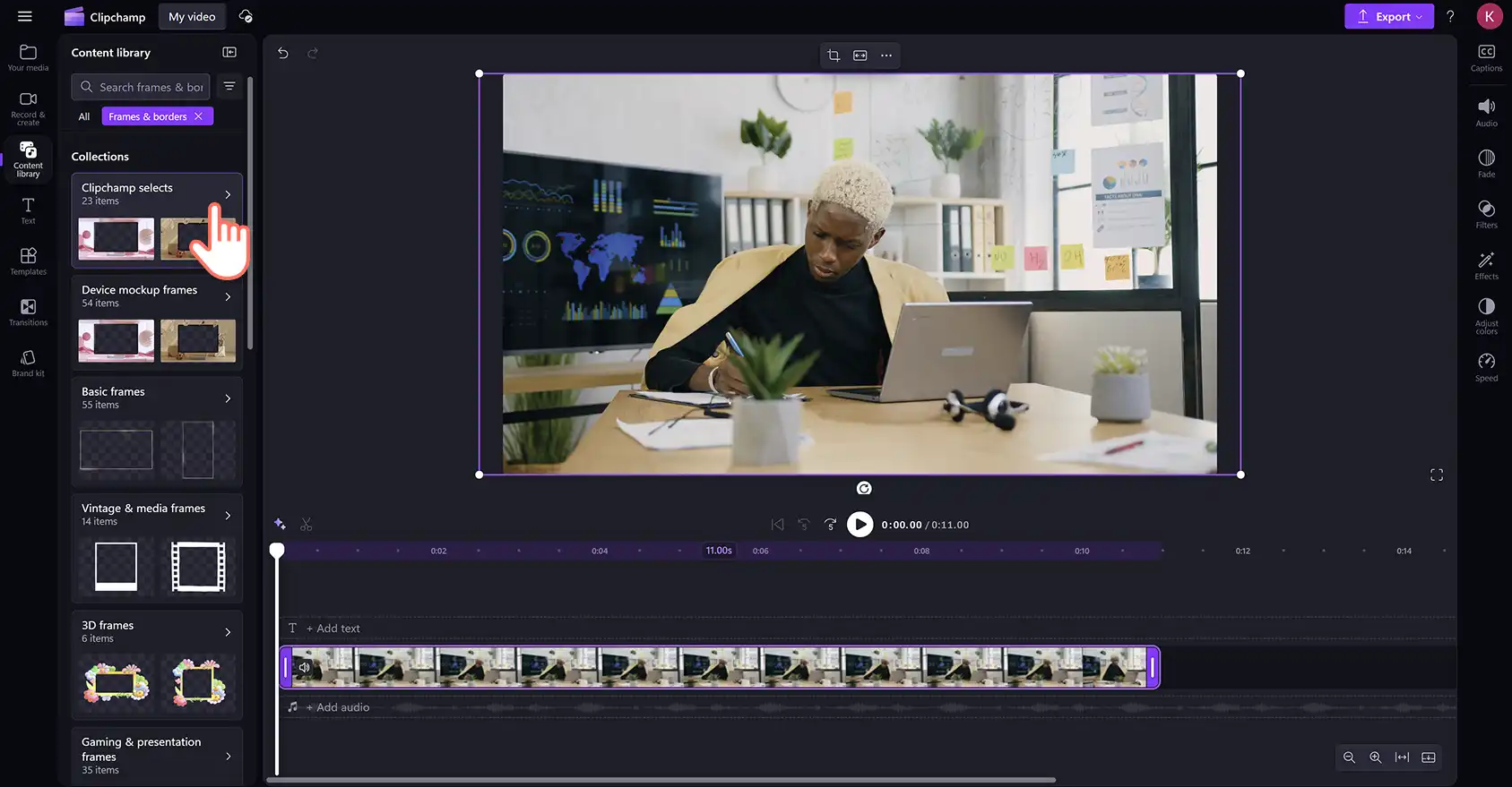 A user selecting the Clipchamp selects borders and frames category in Clipchamp video editor.