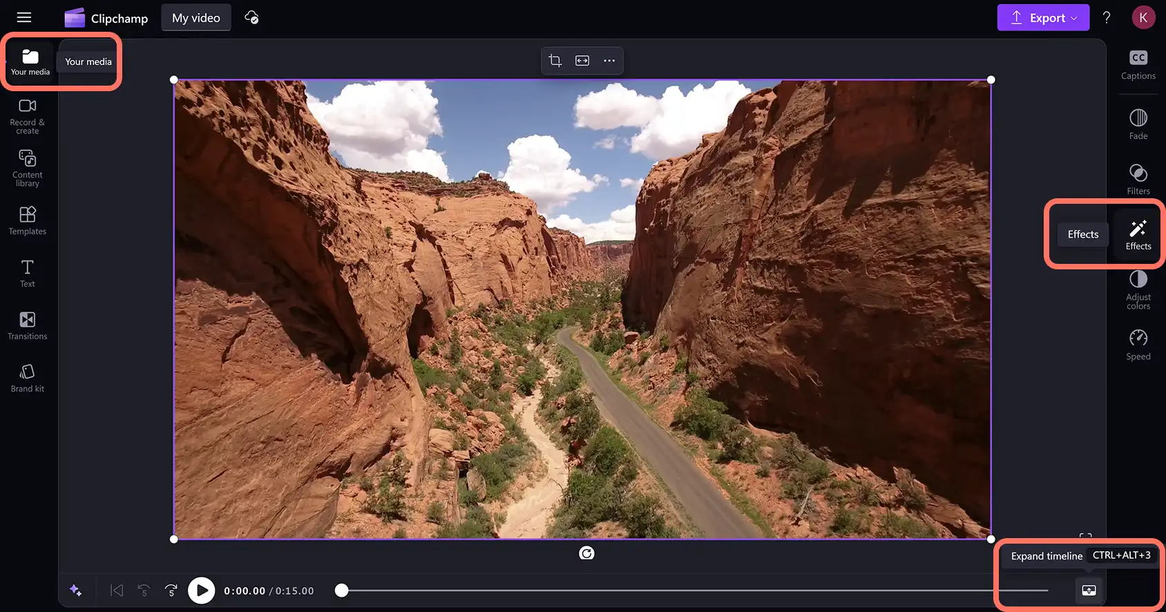 Clipchamp でツール バー、プロパティ パネルの展開をクリックしてタイムラインを編集しているユーザー。