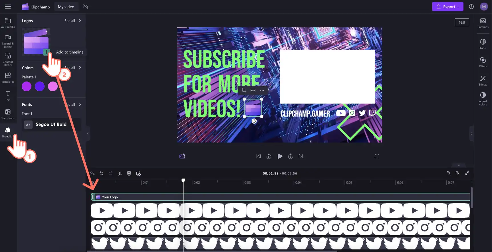 Ein Bild, das zeigt, wie ein Benutzer das eigene Markenlogo zu einem Video in Clipchamp hinzufügt