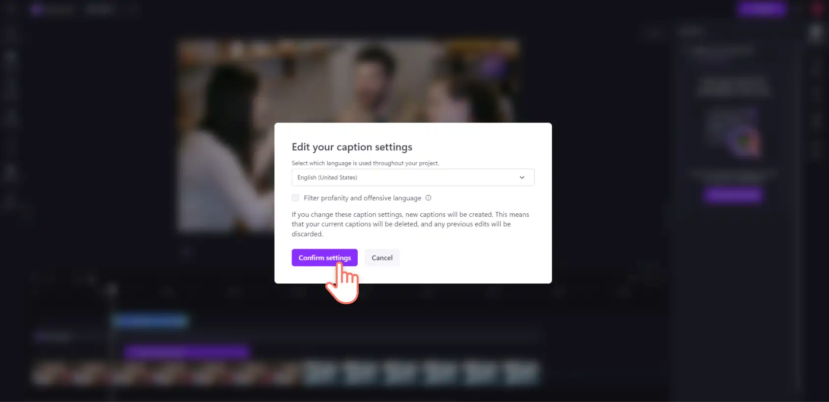 Gambar pengguna Clipchamp mengonfirmasi pembuatan keterangan otomatis di jendela pop-up.