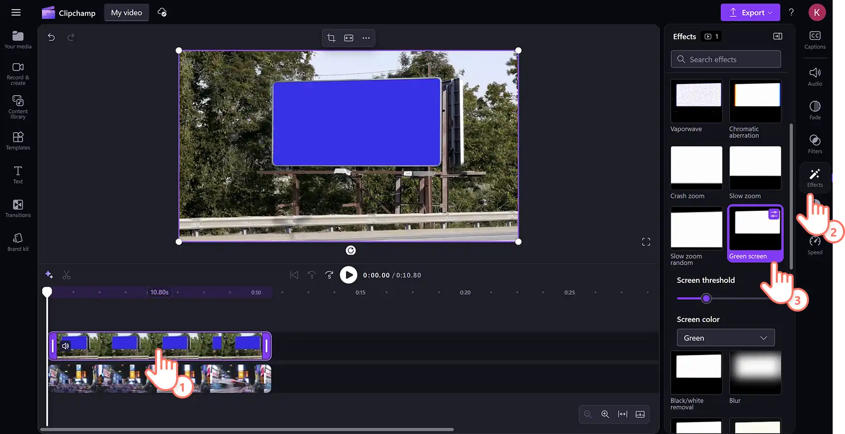 Clipchamp 비디오 편집기에서 속성 패널의 효과 탭에서 녹색 화면 효과를 클릭하는 사용자입니다. 