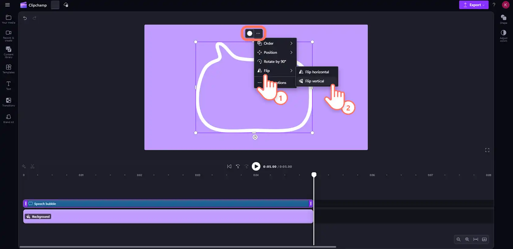 Un utilizator răsturnând orientarea unei forme cu bule de vorbire în Clipchamp. 
