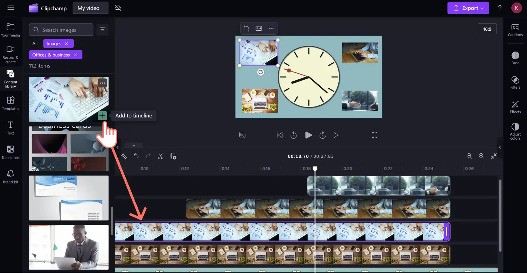 En bruger, der tilføjer flere lagerbilleder over et videoaktiv på tidslinjen i Clipchamp.
