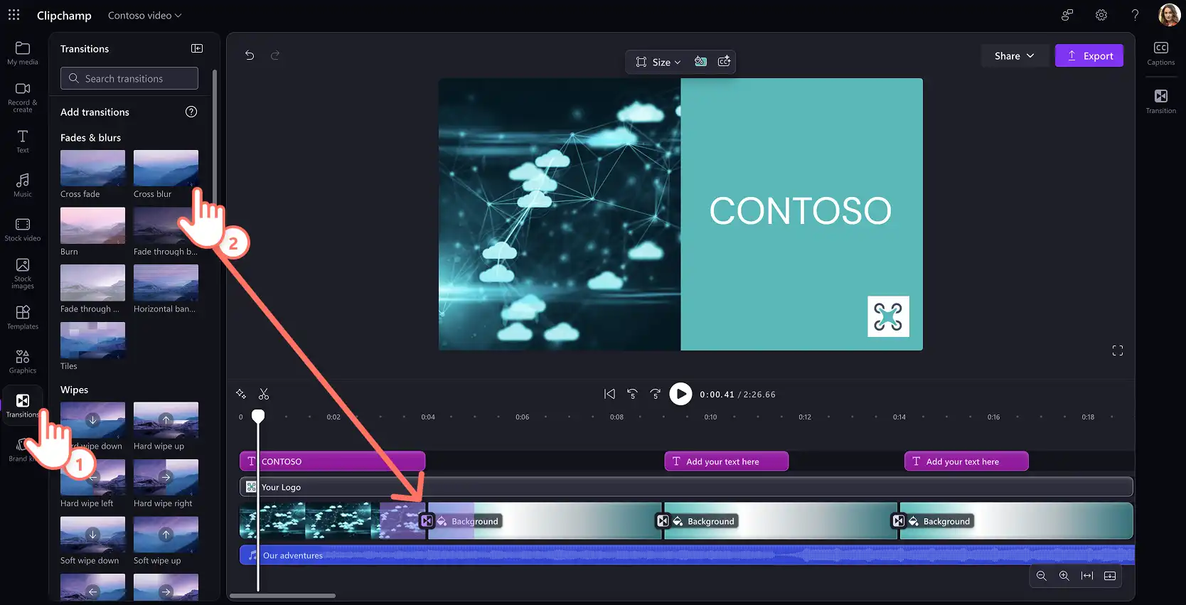 A user placing animated transitions between clips inside a video template
