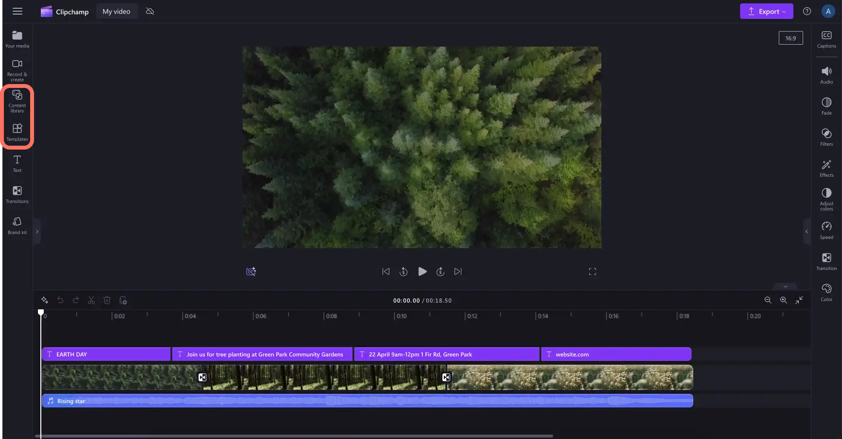 Clipchamp видеоредакторындағы құралдар тақтасында контент кітапханасы мен үлгілер қойыншалары көрсетілген сурет.