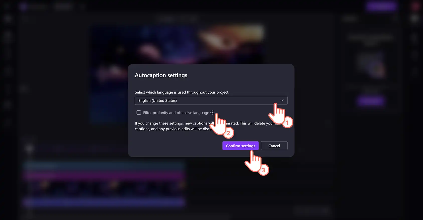 Un usuario aplicando la configuración de subtítulos automáticos a un vídeo de podcast en el editor de vídeo Clipchamp.