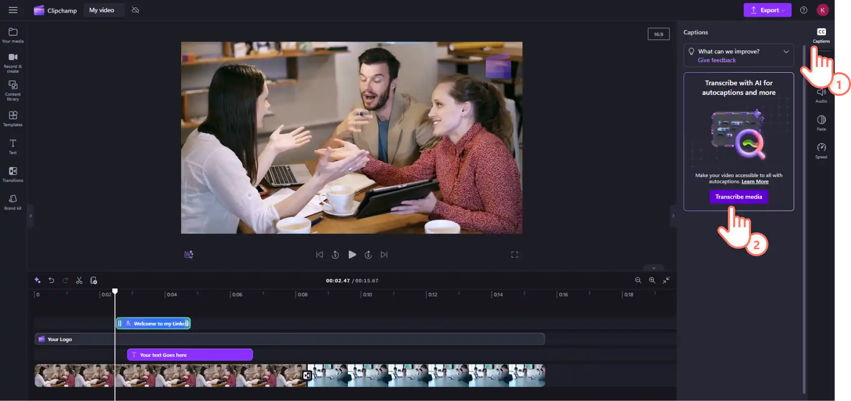Gambar pengguna Clipchamp mengeklik tombol transkripsikan media untuk membuat subtitel.