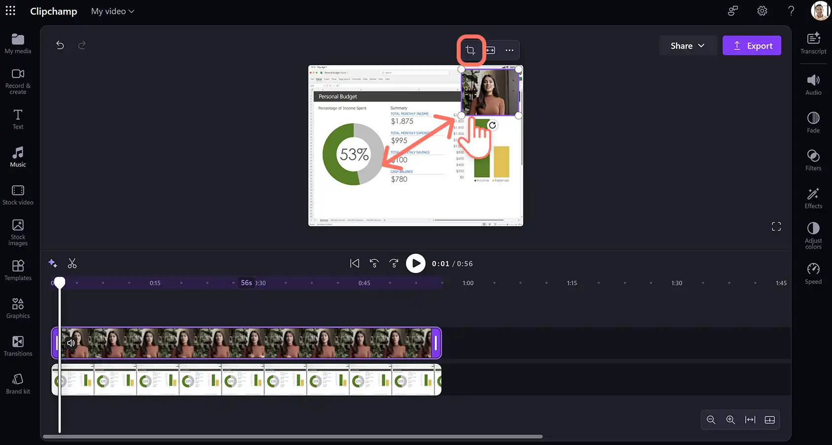 Usuário redimensionando uma sobreposição de vídeo em um vídeo de demonstração de produto no Clipchamp para trabalho.
