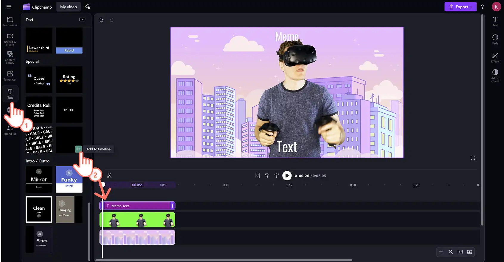 Một người dùng đang thêm văn bản meme vào video green screen trong trình chỉnh sửa video Clipchamp. 