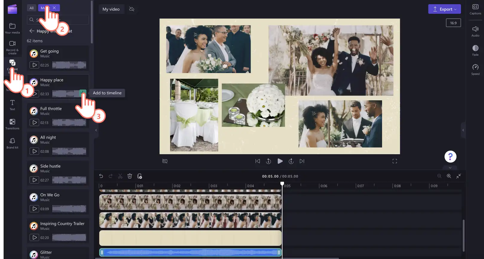 ユーザーが動画にストック音楽素材を追加する様子の画像。