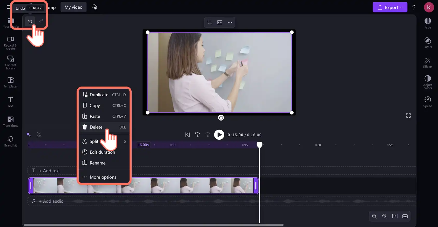 Clipchamp 動画エディターでフリーハンドのクロップを元に戻すユーザー。