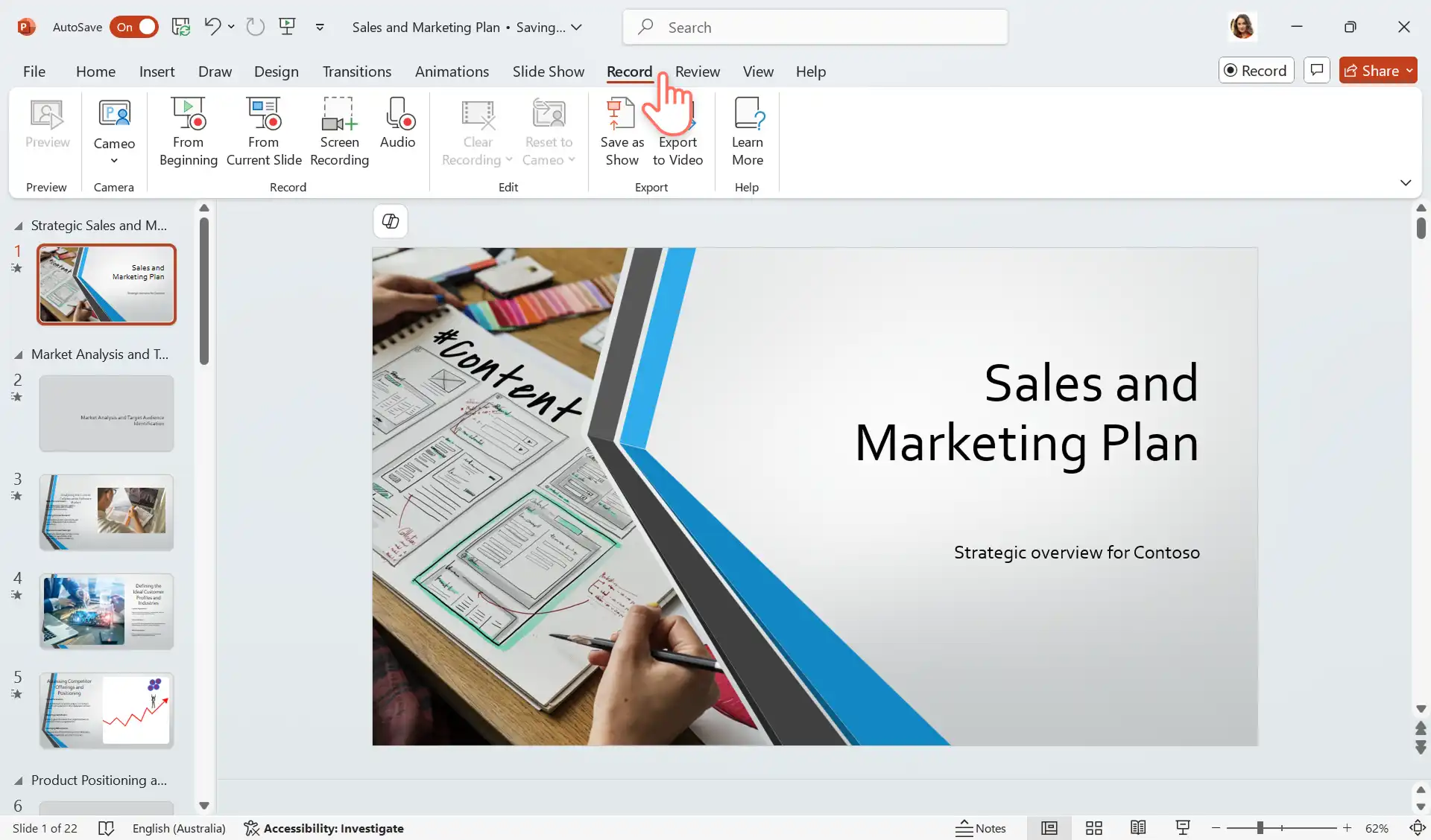 PowerPoint-та жазу қойыншасын ашып жатқан пайдаланушының суреті.