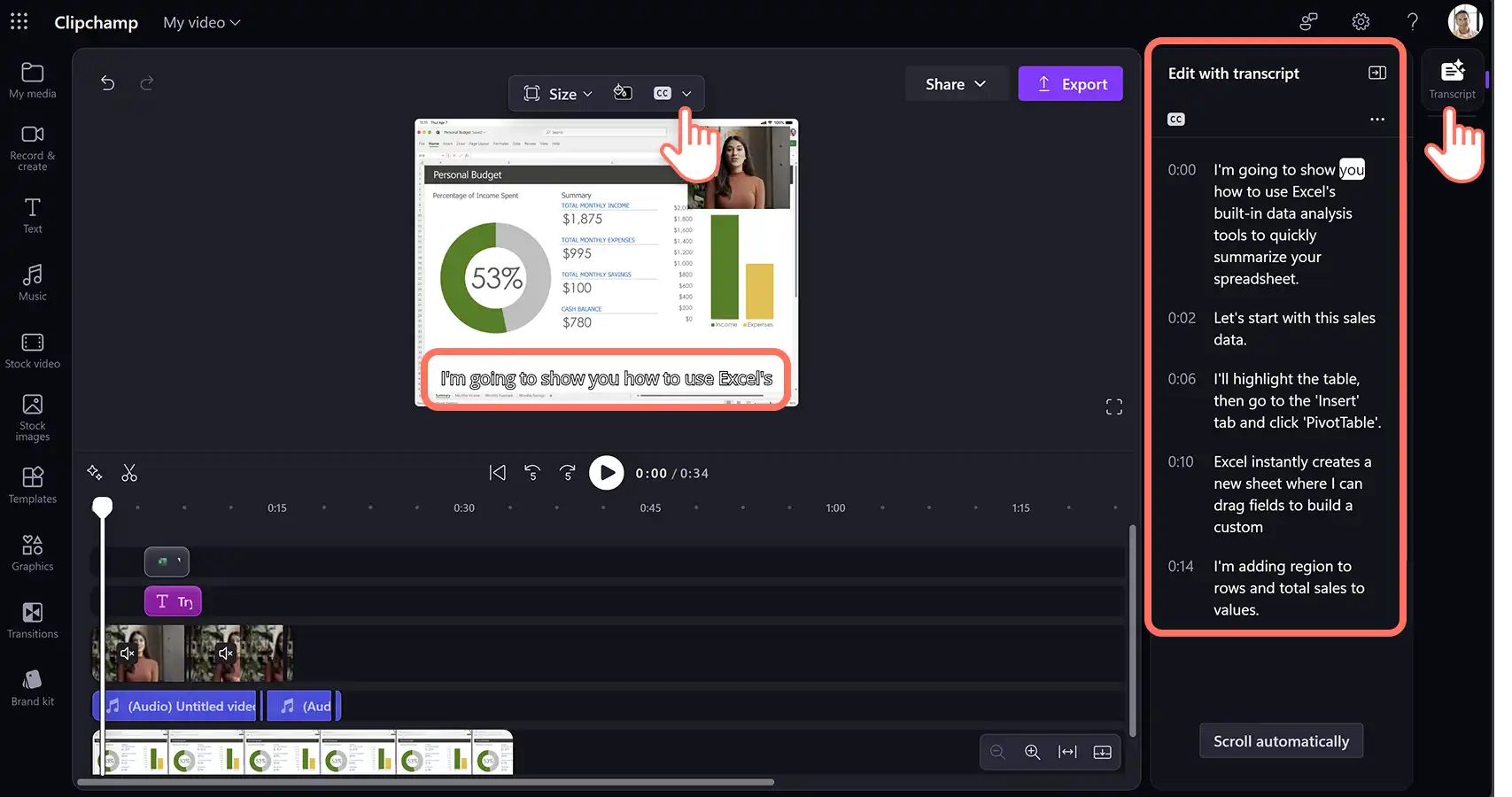Usuário criando legendas e uma transcrição de vídeo usando o gerador de legendas com IA para um vídeo de demonstração de produto no Clipchamp para o trabalho.