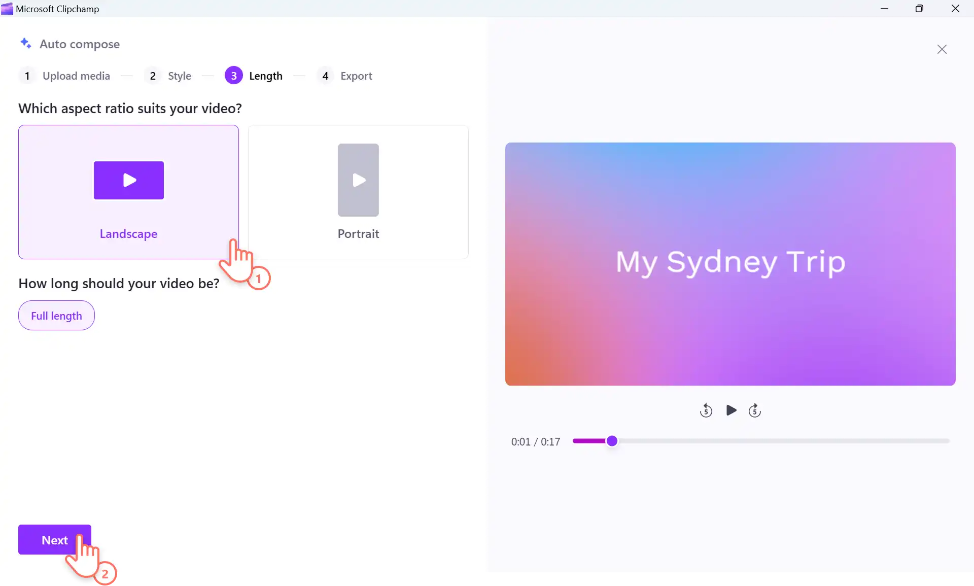 Select a video size in Clipchamp auto compose