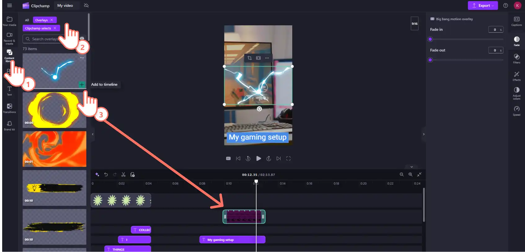 Animasyonlu katman,ı düzenleme zaman çizelgesi üzerine sürükleyen Clipchamp kullanıcısının ekran görüntüsü. 