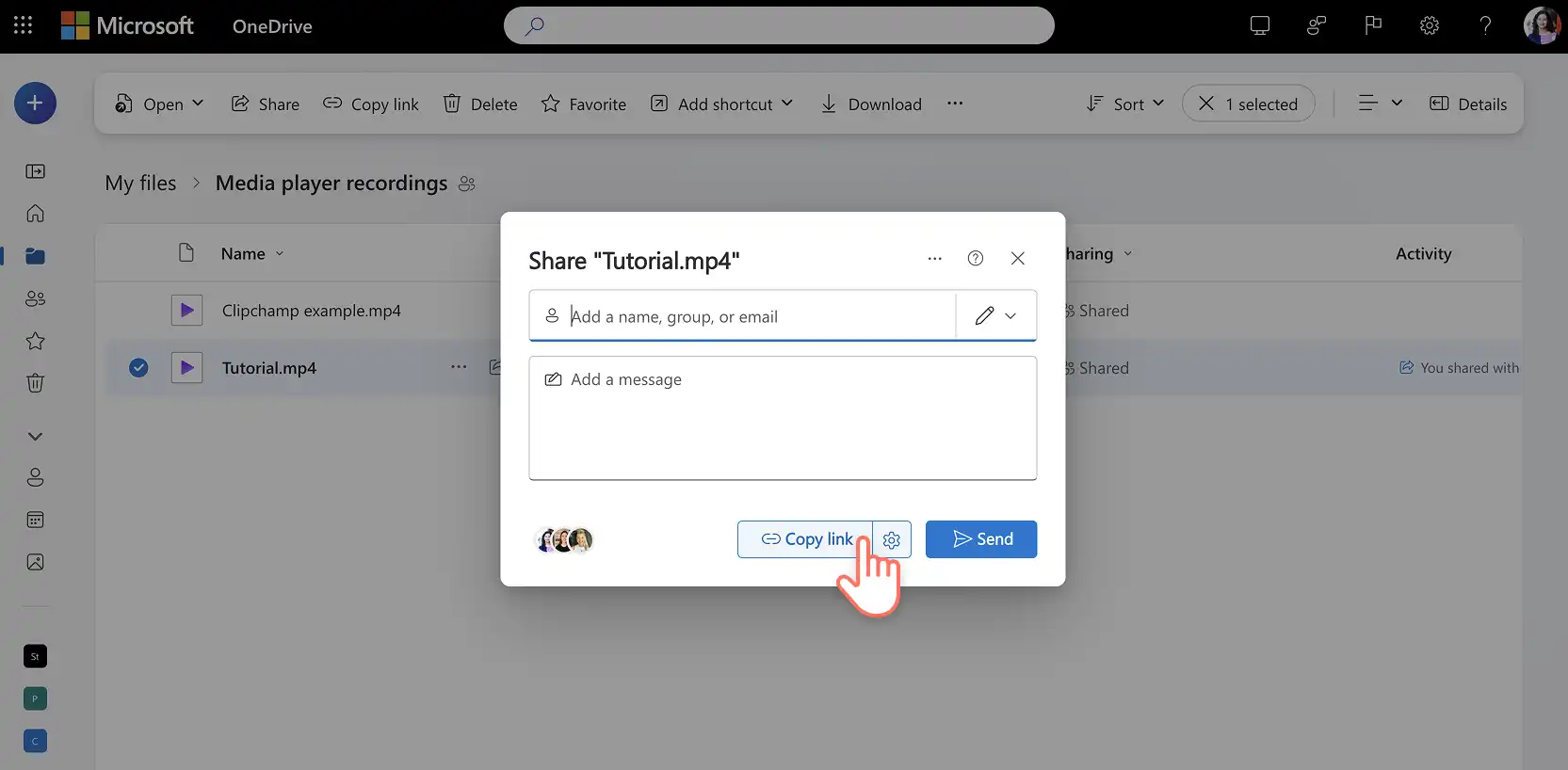 Usuário copiando um link de compartilhamento de vídeo do OneDrive