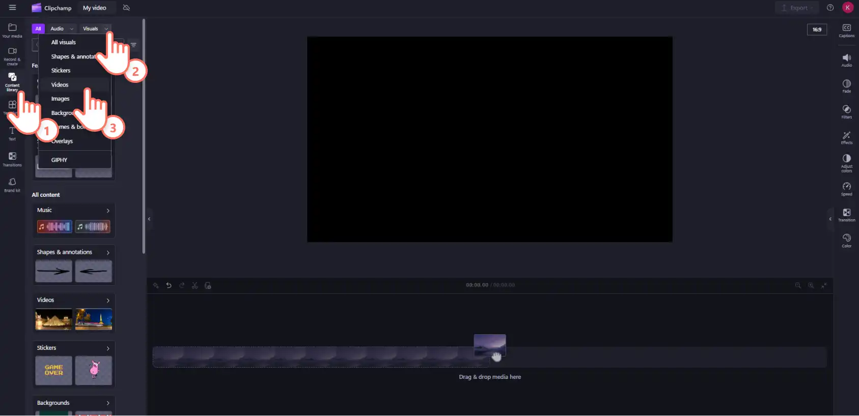 A user searching for royalty-free stock media in the content library inside Clipchamp.