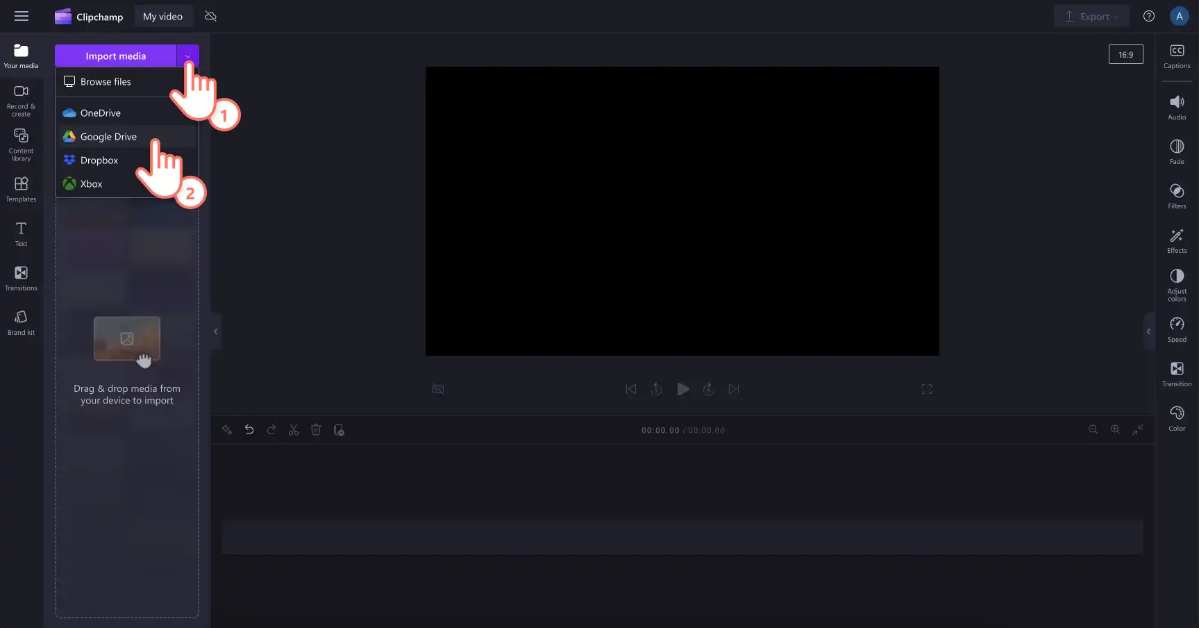 Imagem de uma pessoa acessando o Google Drive para importar um vídeo para o Clipchamp.