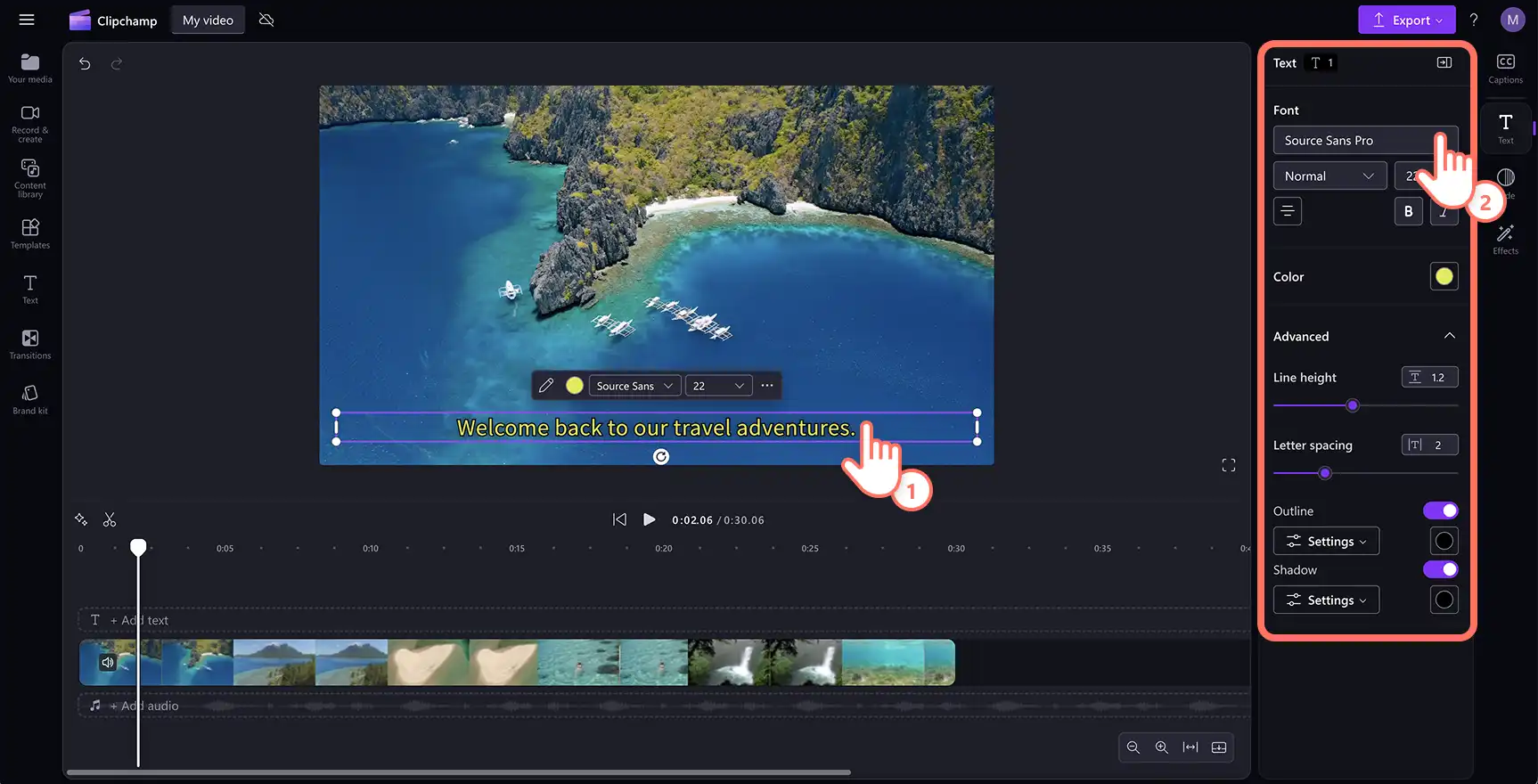 Imej seorang pengguna menyesuaikan penampilan sari kata dalam Clipchamp.