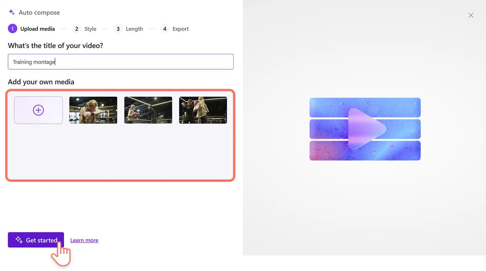 Un utente crea un video con momenti salienti sportivi tramite la composizione automatica basata su intelligenza artificiale nell'editor di video Clipchamp. 