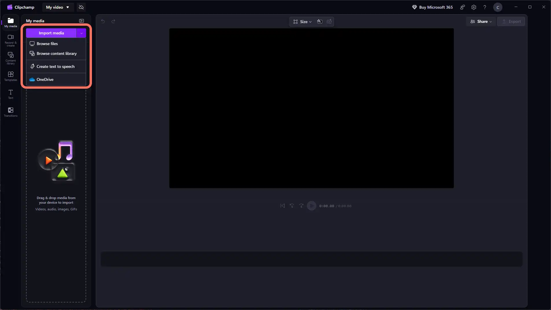 Windows 用 Clipchamp アプリでローカルのデスクトップまたは OneDrive から動画を追加する