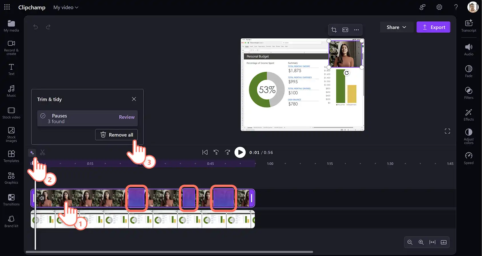 Usuário removendo pausas com a ferramenta de remoção de silêncios por IA no Clipchamp para o trabalho.