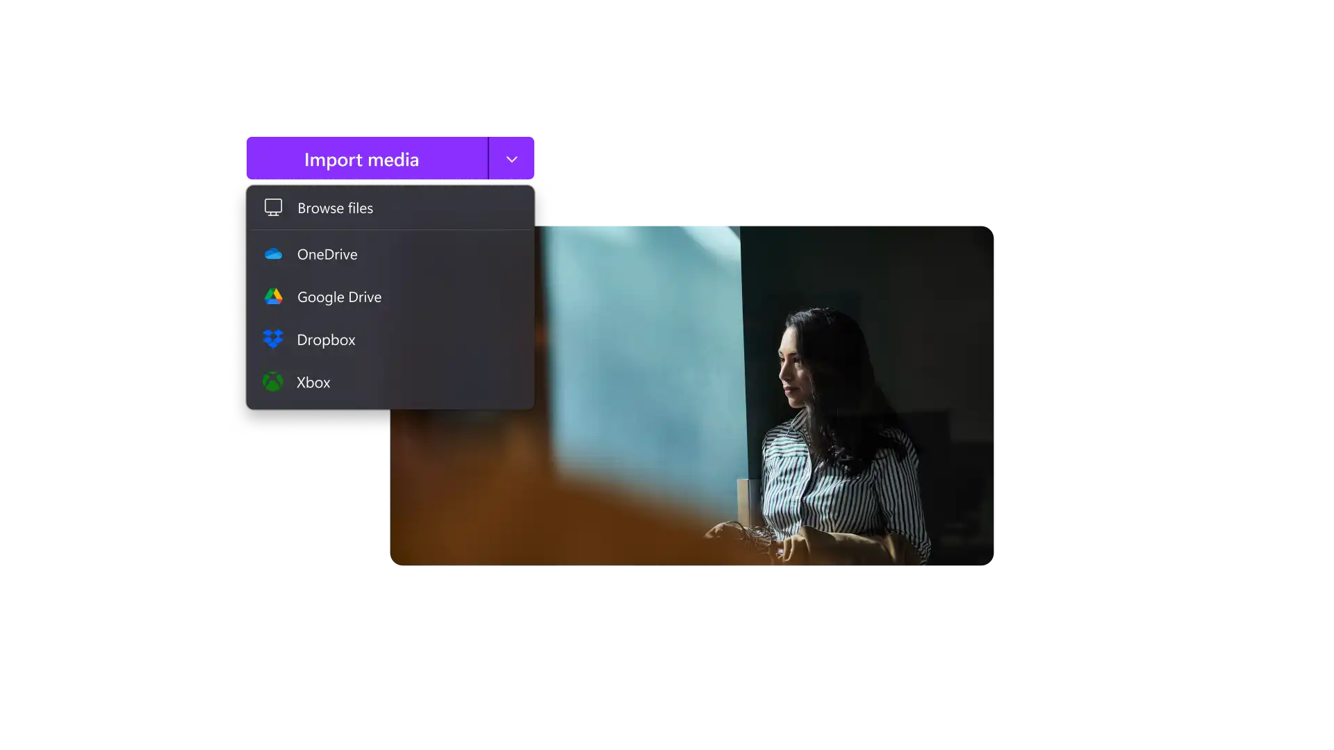 Kuva, jossa näytetään, miten video lisätään Clipchampiin lataustoiminnon tai pilvi-integraatioiden avulla