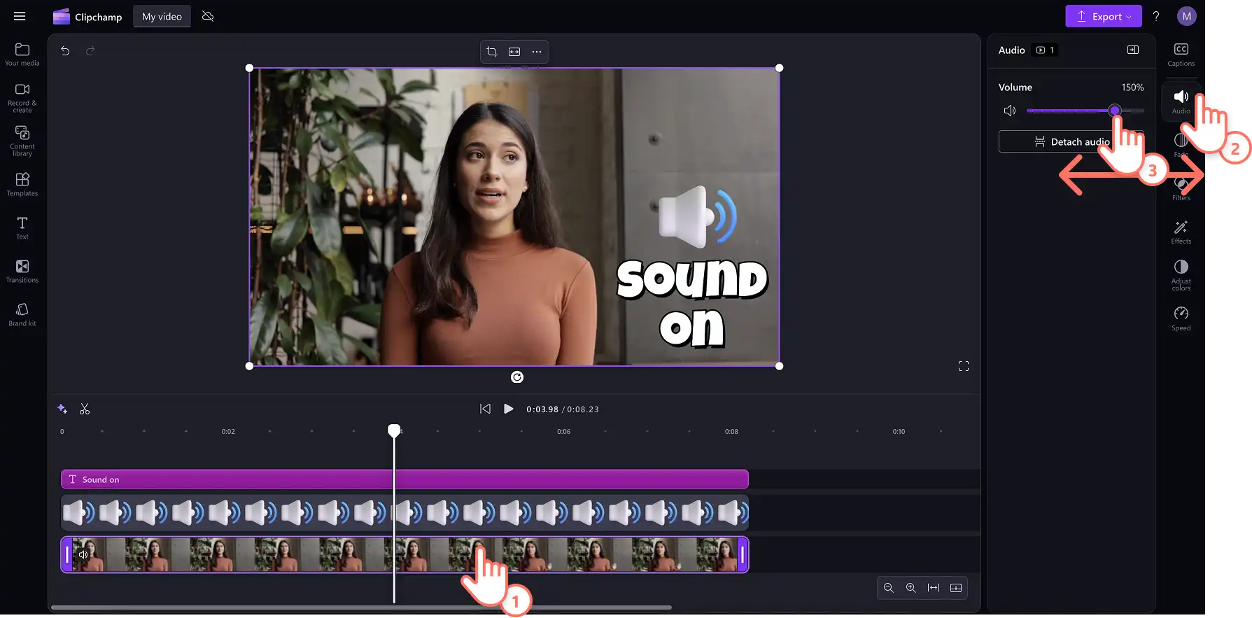 Uma imagem de um usuário diminuindo o volume de uma faixa de áudio usando o controle deslizante de volume.