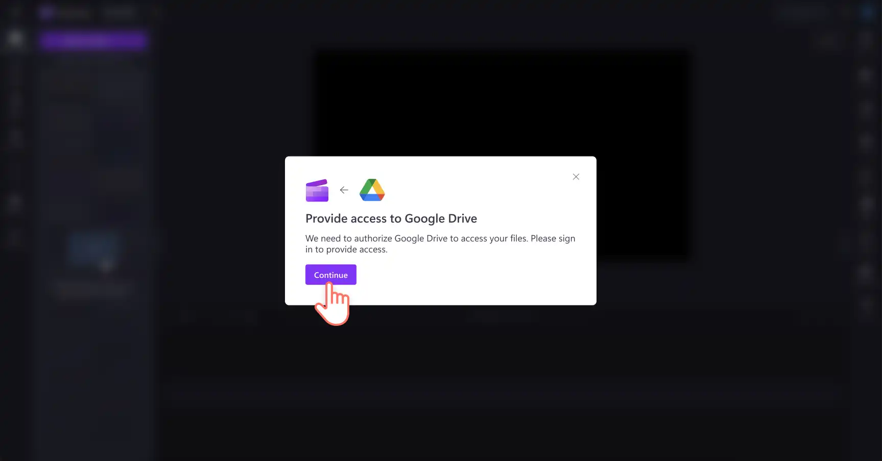 Imagem de uma pessoa concedendo ao Clipchamp acesso ao Google Drive.