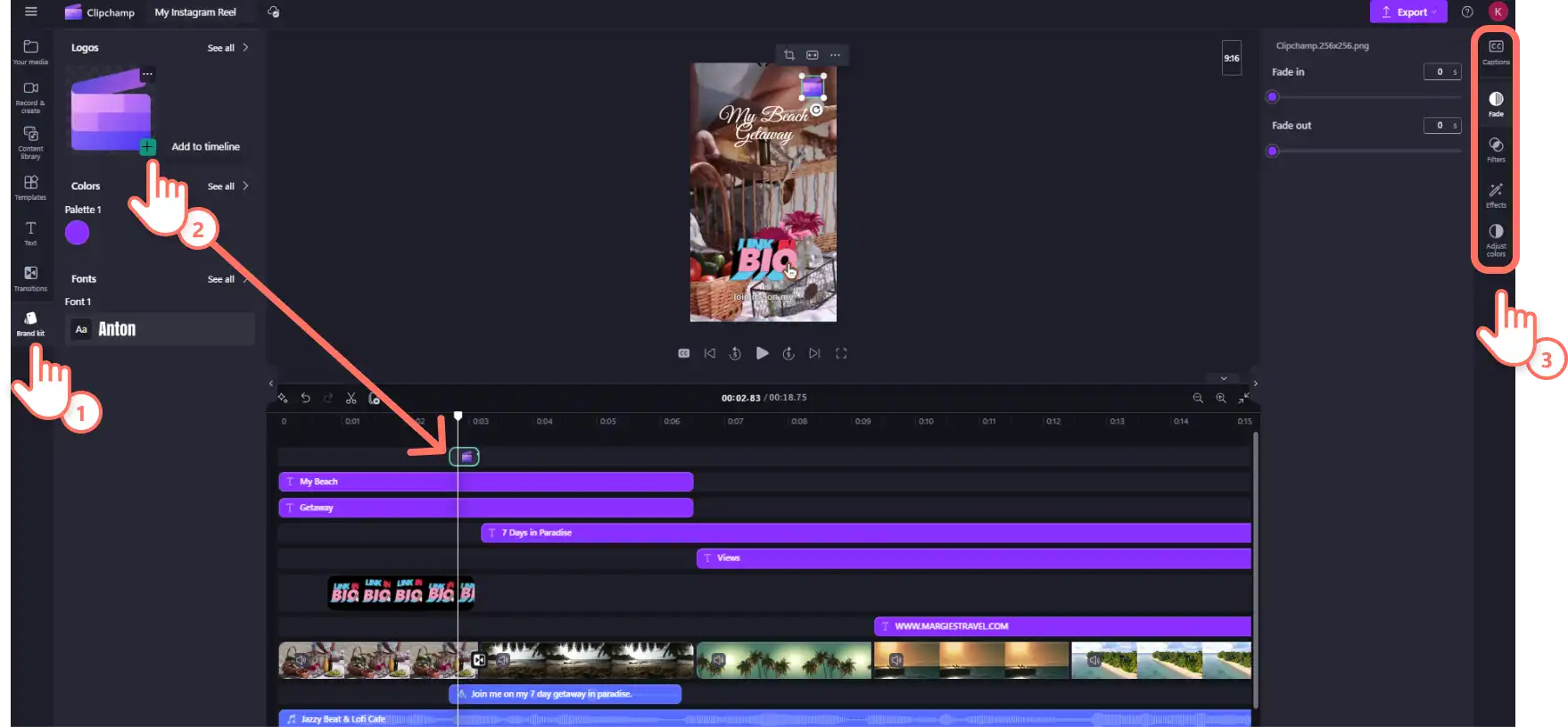 Người dùng Clipchamp đang dùng bộ nhận diện thương hiệu để thêm logo công ty vào video Reel trên Instagram.