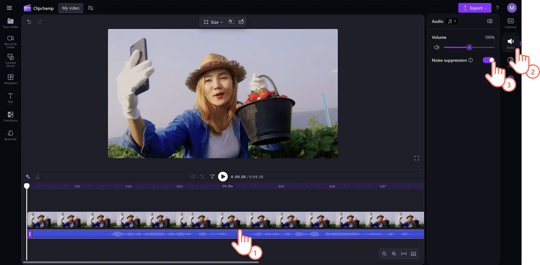 Clipchamp の AI を使用して、背景ノイズやエコーを除去し、音量をブーストしているユーザー
