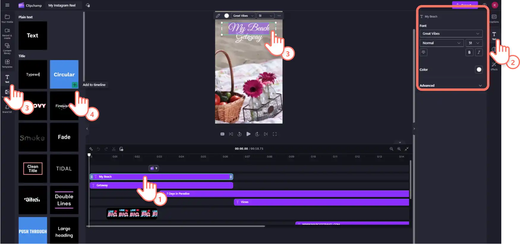 Người dùng Clipchamp đang tùy chỉnh văn bản cho video Reel trên Instagram.