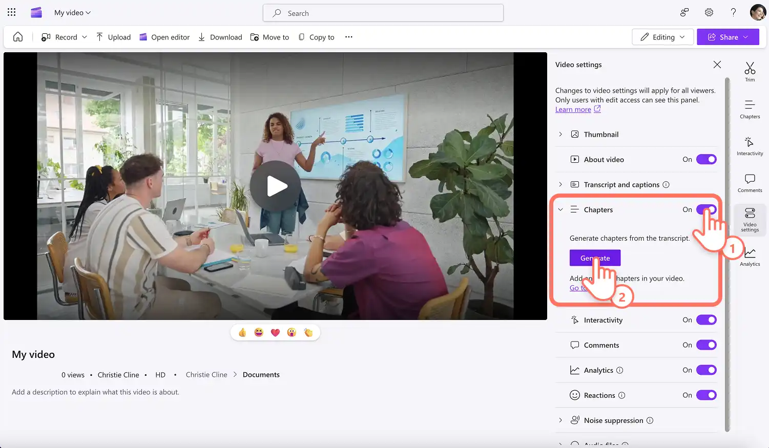 Пользователь включает переключатель глав в Clipchamp.