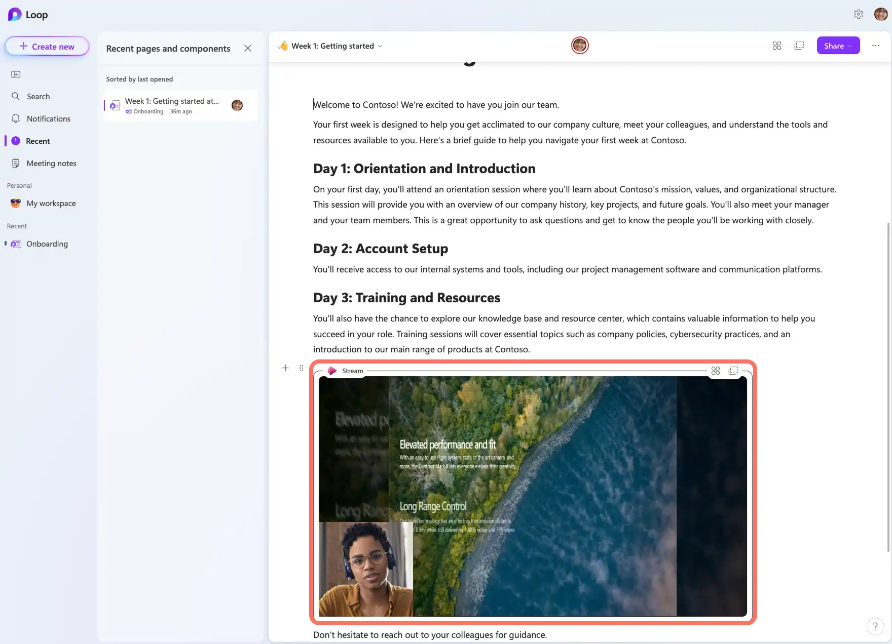 Pengguna menyematkan video ke dokumen Microsoft Loop