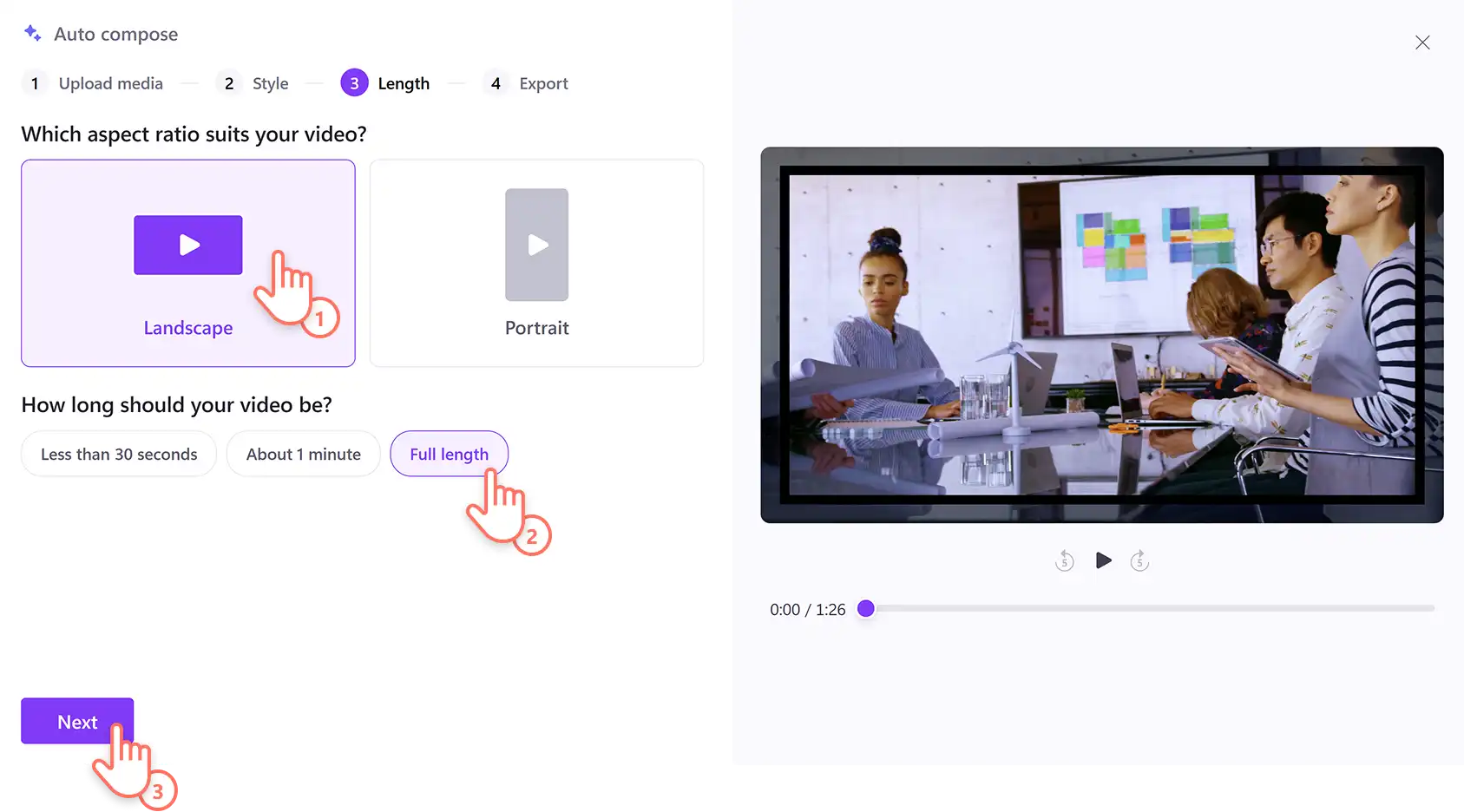 Un utente che sceglie le proporzioni e la lunghezza di un video utilizzando la composizione automatica basata sull'IA nell'editor video Clipchamp.