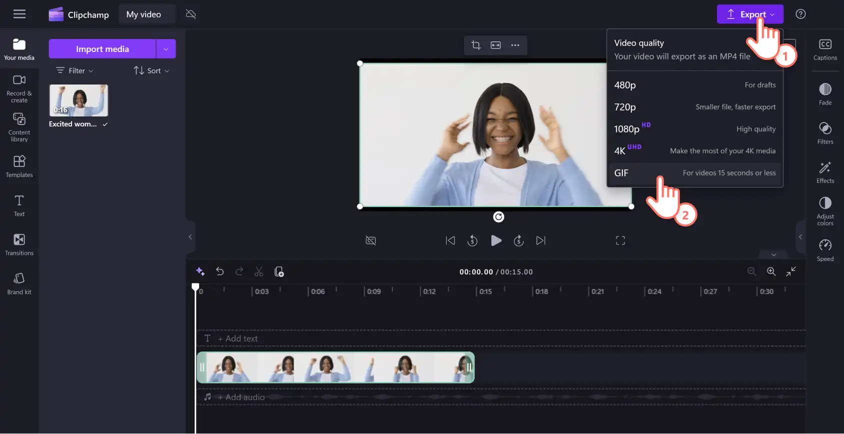 Image d’un utilisateur de Clipchamp exportant une vidéo au format GIF.