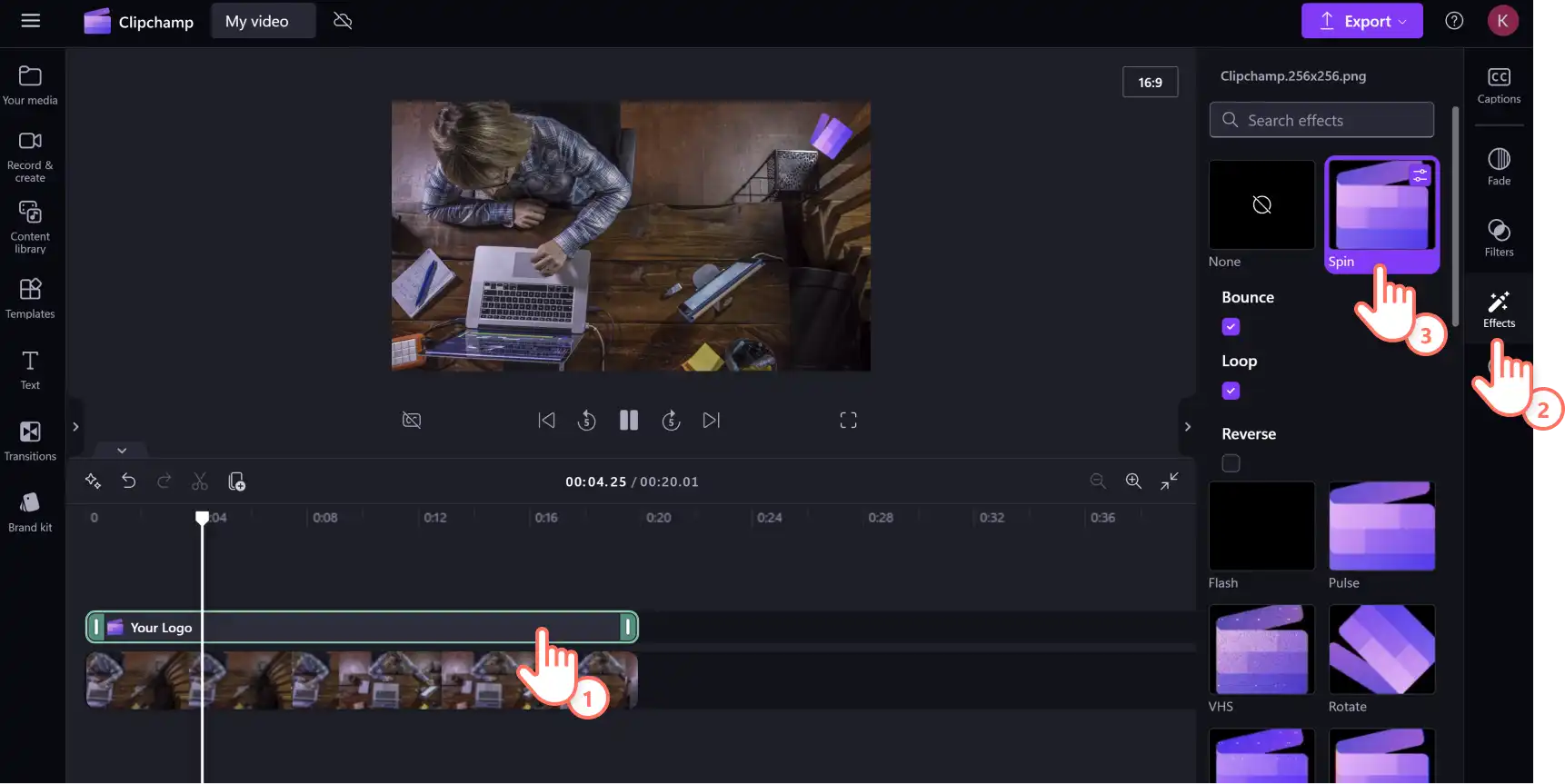 A user applying a video effect to a logo in Clipchamp.