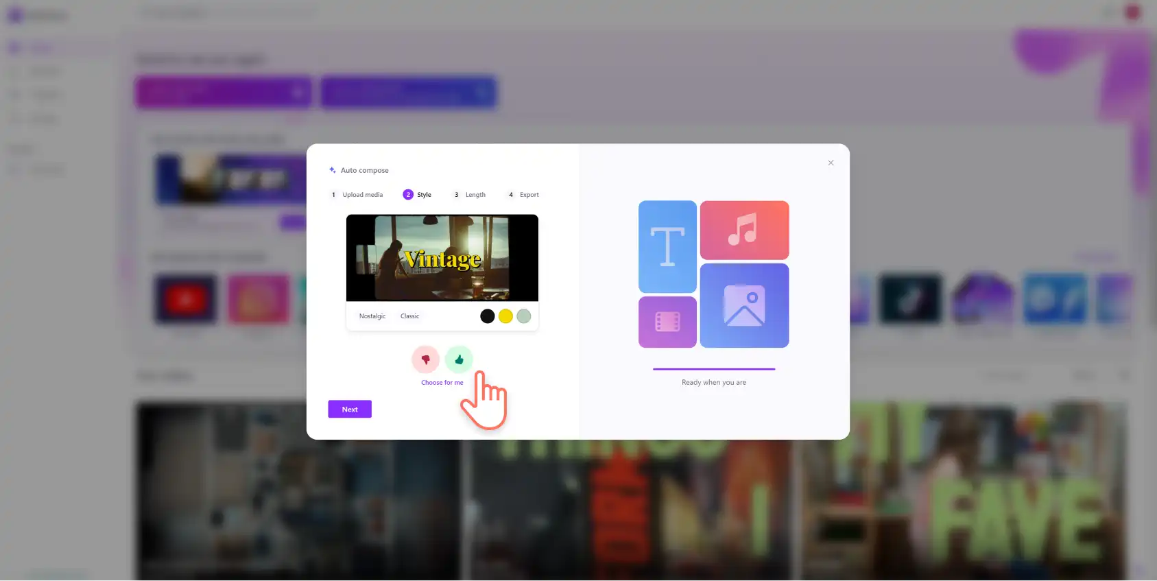 Syot layar seorang pengguna Clipchamp memilih gaya video menggunakan autogubah.