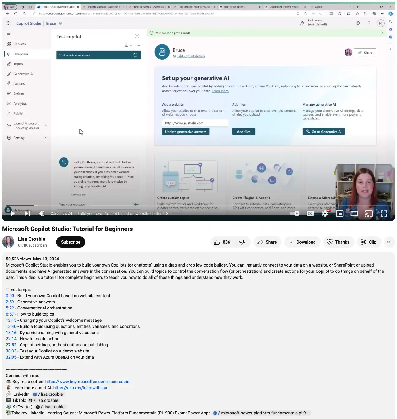 Una imagen de la descripción del vídeo de Lisa Crosbie para su vídeo de YouTube "Microsoft Copilot Studio: Tutorial para principiantes".